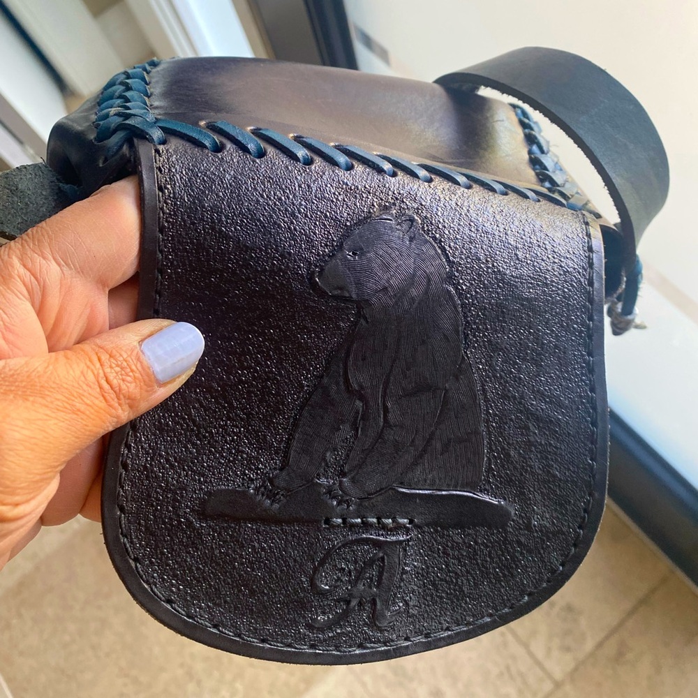Crossbody Handmade Bag Black & Blue Leather Bear & A Letter Detail No Branded